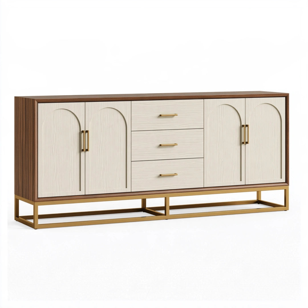 Buffet 180 x 40 x 85 cm en bois beige et brun avec 4 portes 3 tiroirs style contemporain