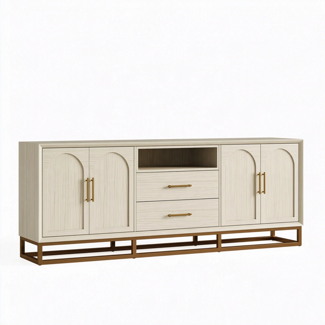 Buffet 200 x 40 x 85 cm aspect bois blanc piètement métal doré rangement contemporain