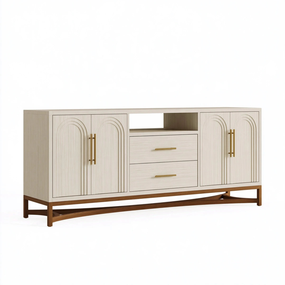 Buffet 180 x 40 x 85 cm en panneaux effet bois beige avec rangement style contemporain