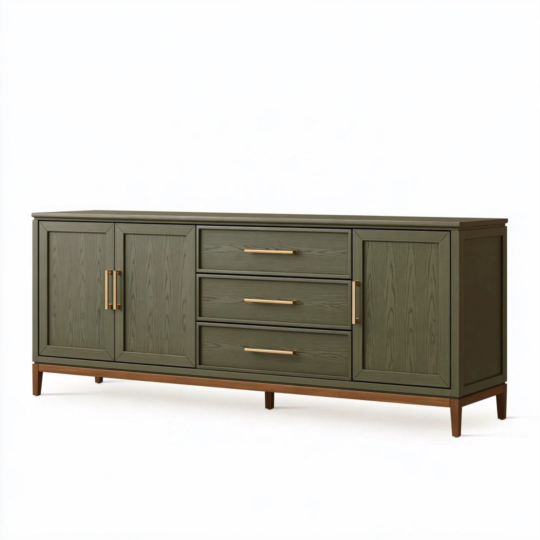 Buffet 180 x 45 x 85 cm en bois vert foncé - rangement moderne à 3 tiroirs et 3 portes