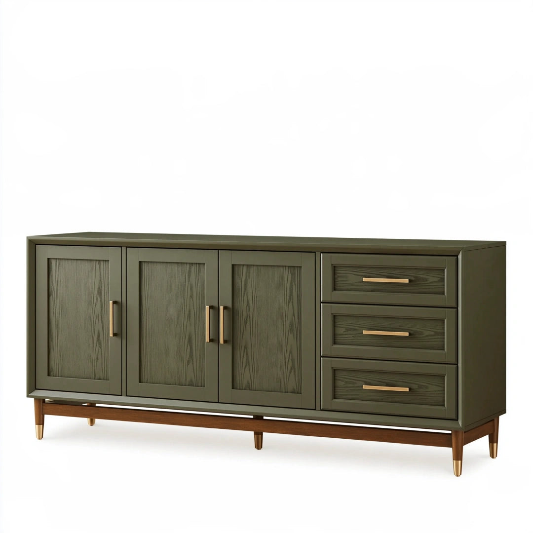 Buffet 180 x 45 x 85 cm en bois vert olive avec 3 portes et 3 tiroirs style contemporain