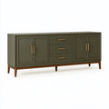 Buffet 180 cm vert olive en panneaux aspect bois avec 4 portes et 3 tiroirs style rétro