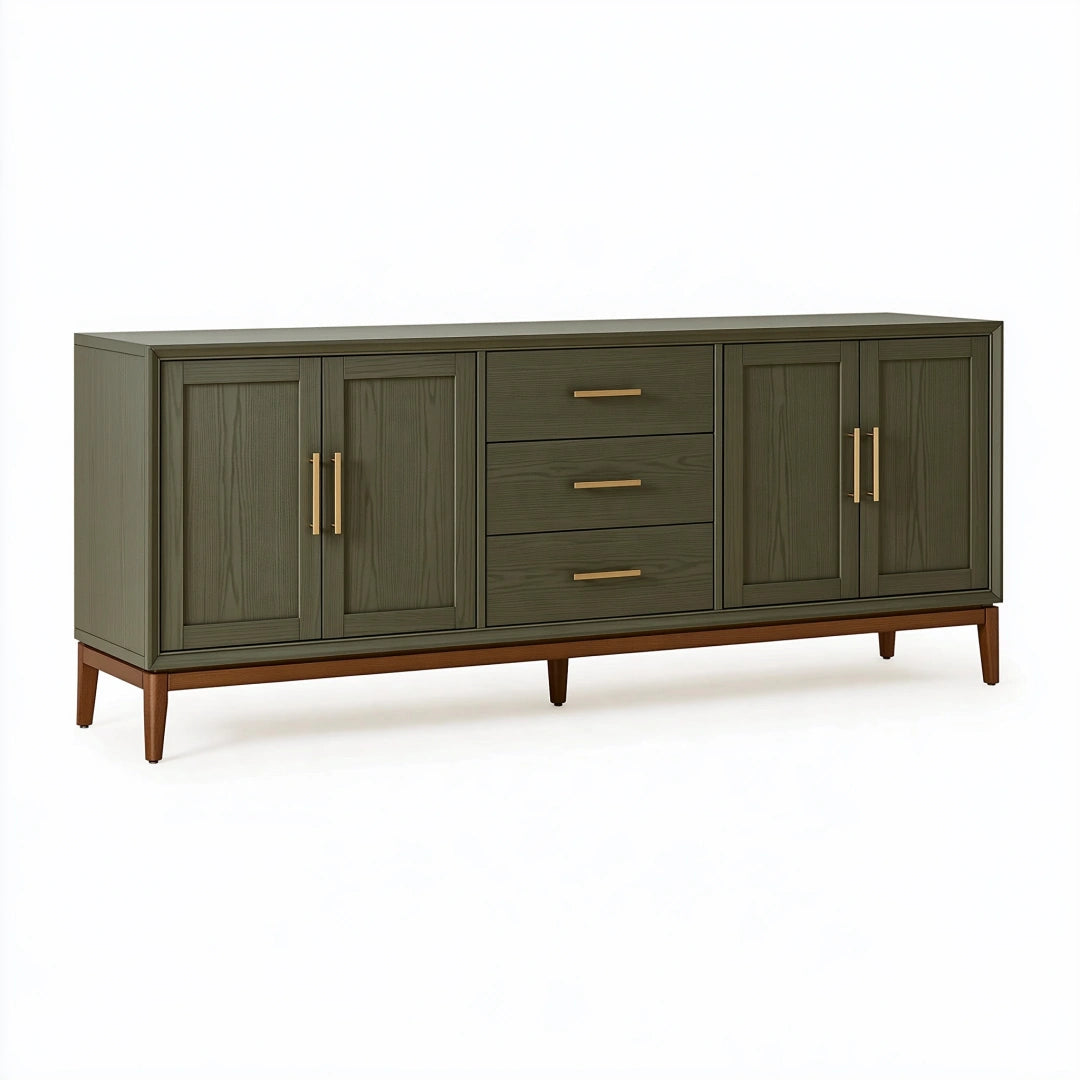 Buffet 180 cm vert olive en panneaux aspect bois avec 4 portes et 3 tiroirs style rétro