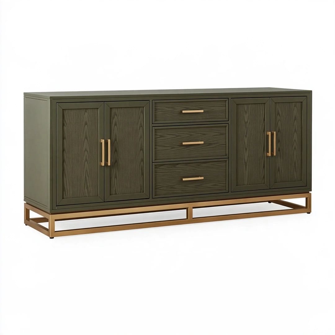 Buffet 180 x 45 x 85 cm en bois vert olive avec piètement métal rangement contemporain