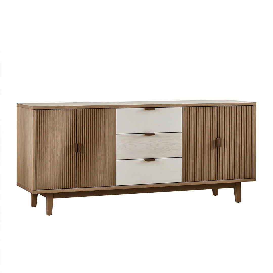 Buffet 160 x 40 x 80 cm en bois beige et blanc avec portes et tiroirs style scandinave
