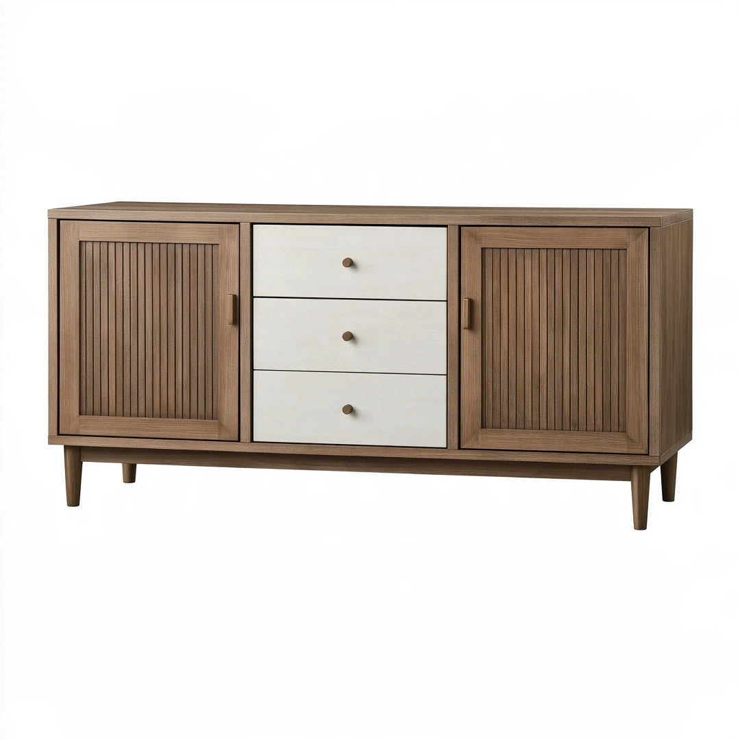 Buffet 160 x 40 x 80 cm en bois marron et blanc avec 3 tiroirs et 2 portes style moderne