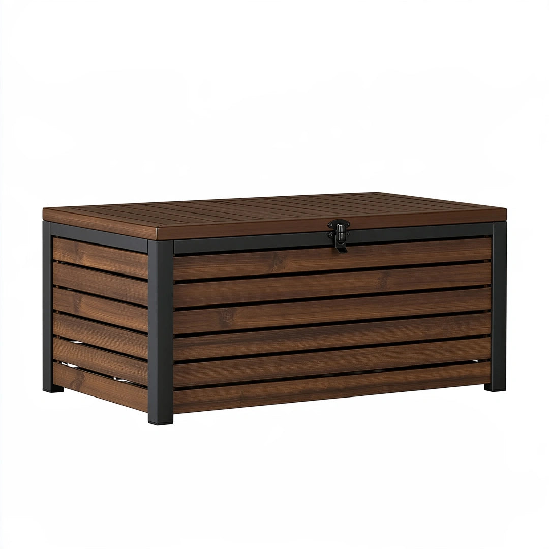 Coffre de rangement extérieur 120 x 60 x 65 cm en bois composite marron et métal noir avec couvercle