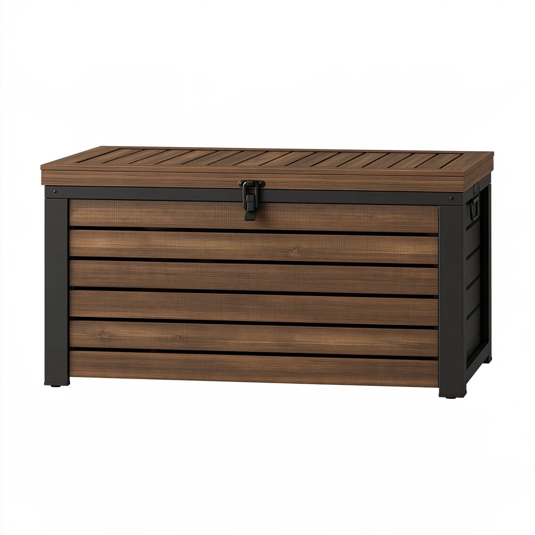 Coffre de rangement extérieur 120 x 60 x 65 cm en bois brun et métal noir à couvercle