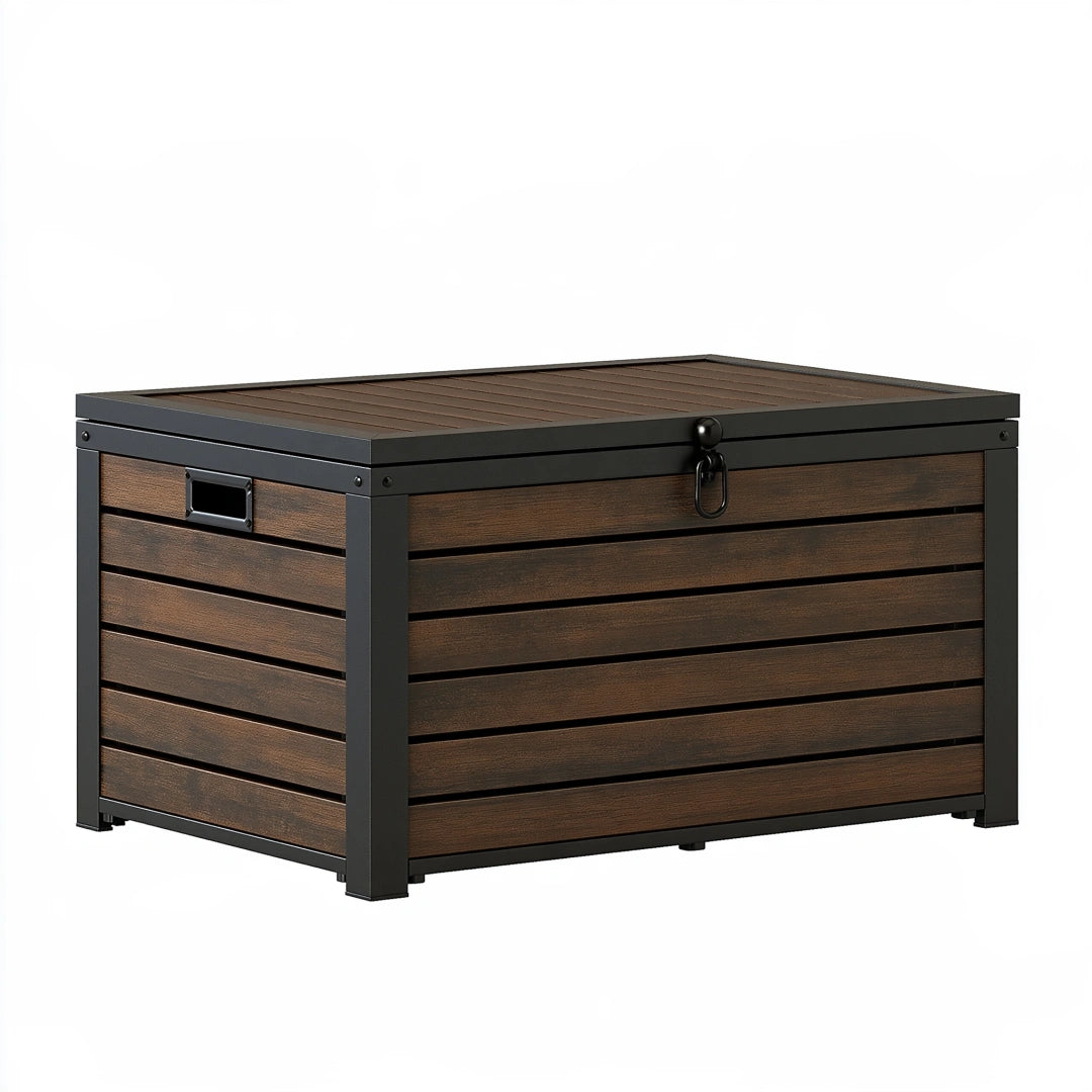 Coffre de rangement extérieur 120 x 60 x 65 cm en acier brun noir avec couvercle à loquet