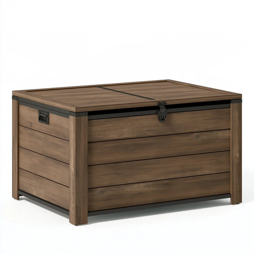 Coffre de rangement 120 x 60 x 65 cm en bois brun style industriel avec fermeture