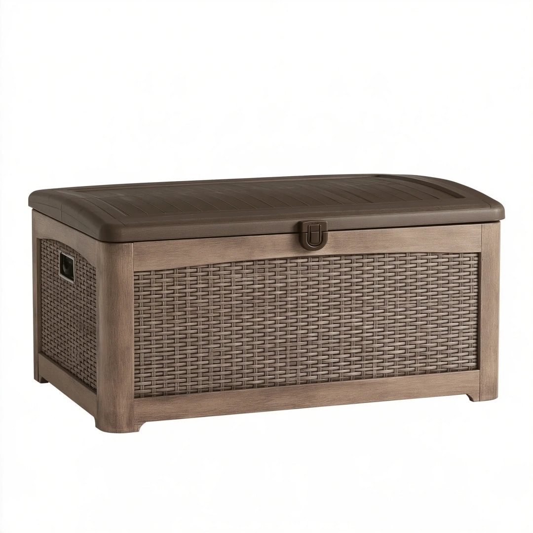 Coffre de rangement 116 x 55 x 64 cm en résine marron avec couvercle pour extérieur