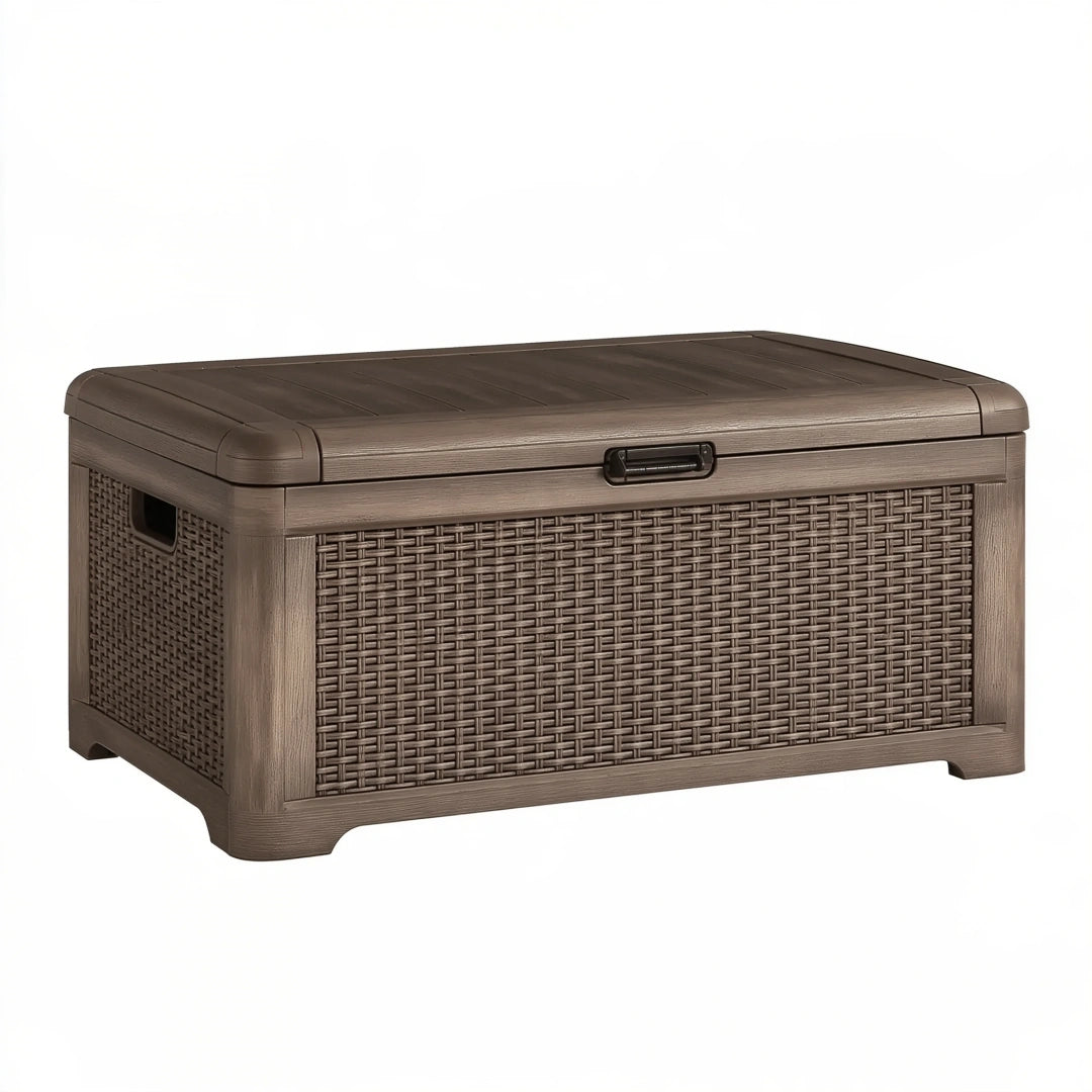 Coffre de rangement extérieur 120 x 56 x 63 cm en plastique brun effet tressé avec couvercle