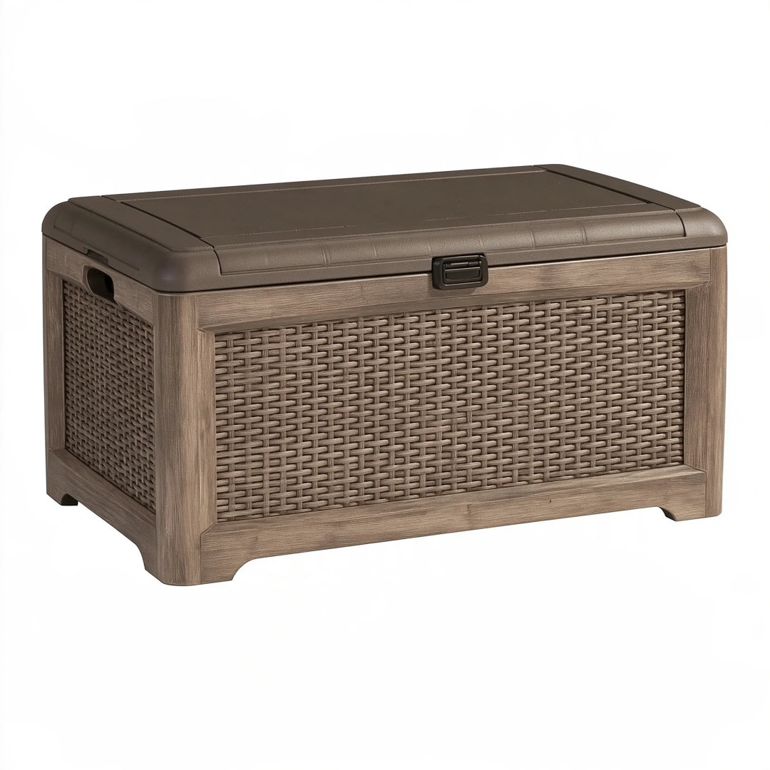 Coffre de rangement extérieur 120 cm en résine brun tressé avec couvercle