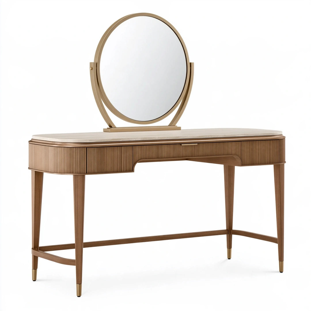 Coiffeuse 120 x 50 x 145 cm en bois brun avec miroir rond style contemporain