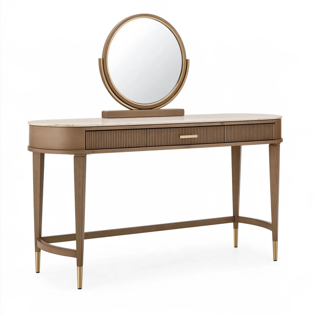 Coiffeuse 120 cm en bois marron avec miroir rond et tiroir style contemporain