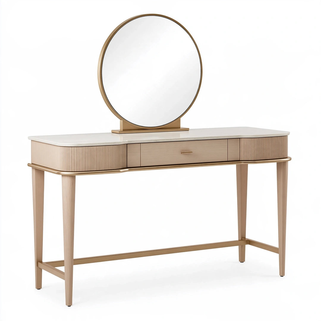 Coiffeuse avec miroir 120 x 45 x 145 cm beige et doré en panneaux de bois avec rangement moderne
