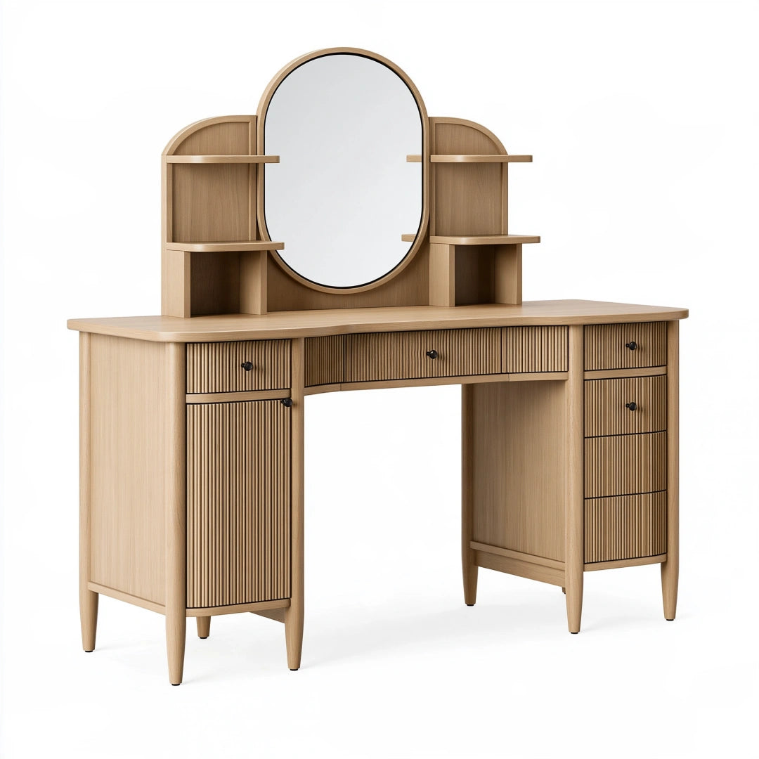 Coiffeuse 120 x 45 x 140 cm en bois chêne clair avec miroir et rangements