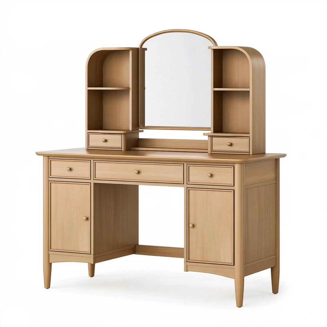 Coiffeuse 120 x 50 x 160 cm en bois beige avec miroir et rangements style rétro