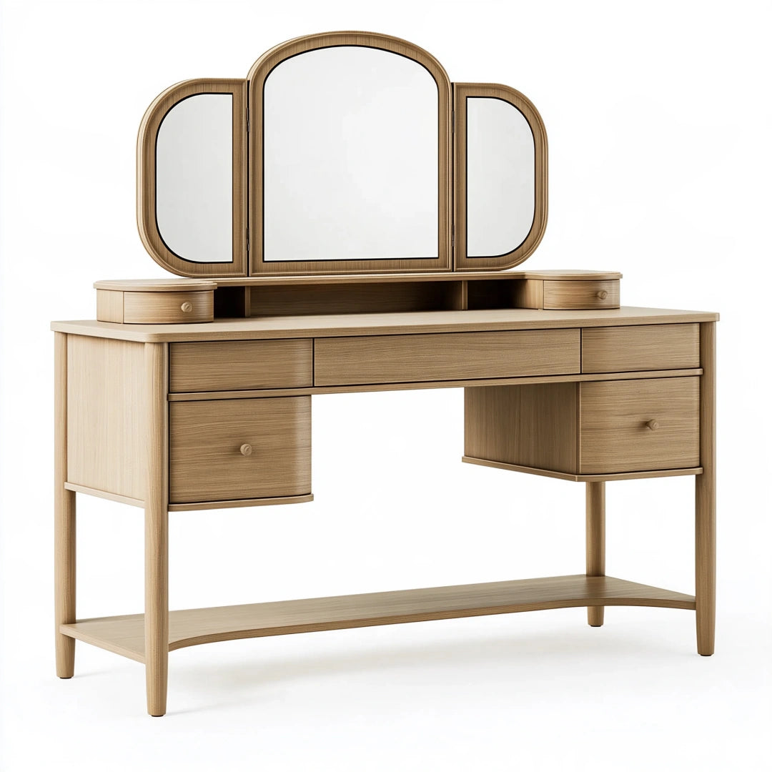Coiffeuse 120 x 50 x 150 cm en bois clair avec miroir triptyque et tiroirs style rétro