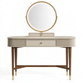 Coiffeuse 120 x 45 x 145 cm en bois beige avec miroir rond et rangements style contemporain