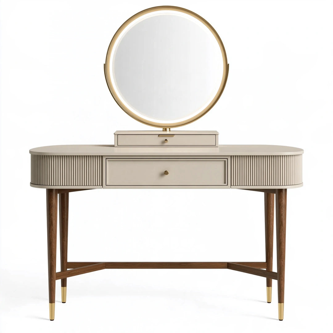 Coiffeuse 120 x 45 x 145 cm en bois beige avec miroir rond et rangements style contemporain