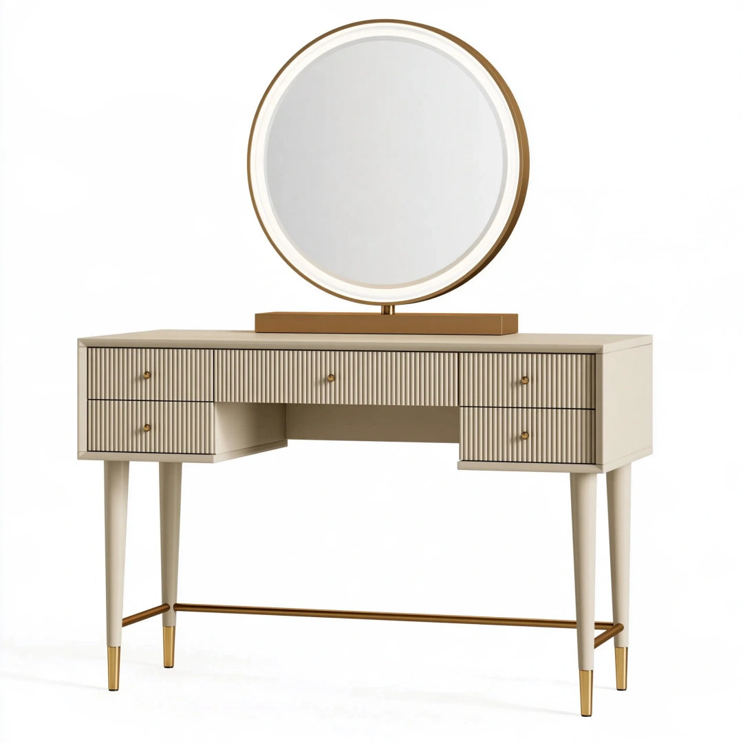 Coiffeuse 120 x 45 x 150 cm en bois beige et doré avec miroir style contemporain