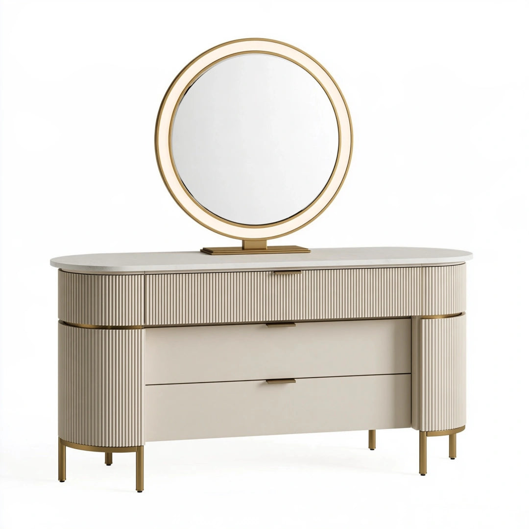 Coiffeuse 140 x 45 x 78 cm en bois beige et doré avec miroir et rangements style contemporain