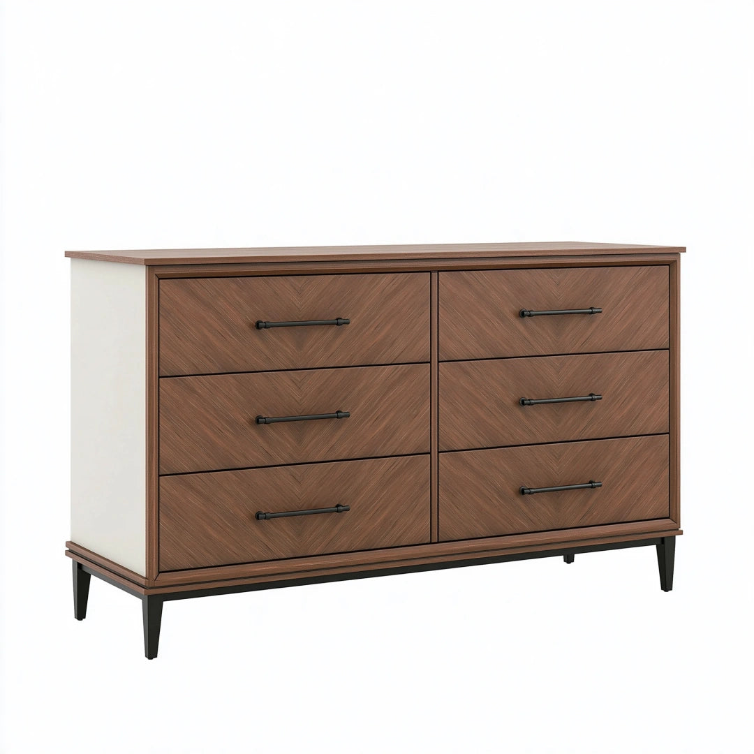 Commode 160 x 45 x 90 cm en panneaux aspect bois marron à 6 tiroirs style contemporain