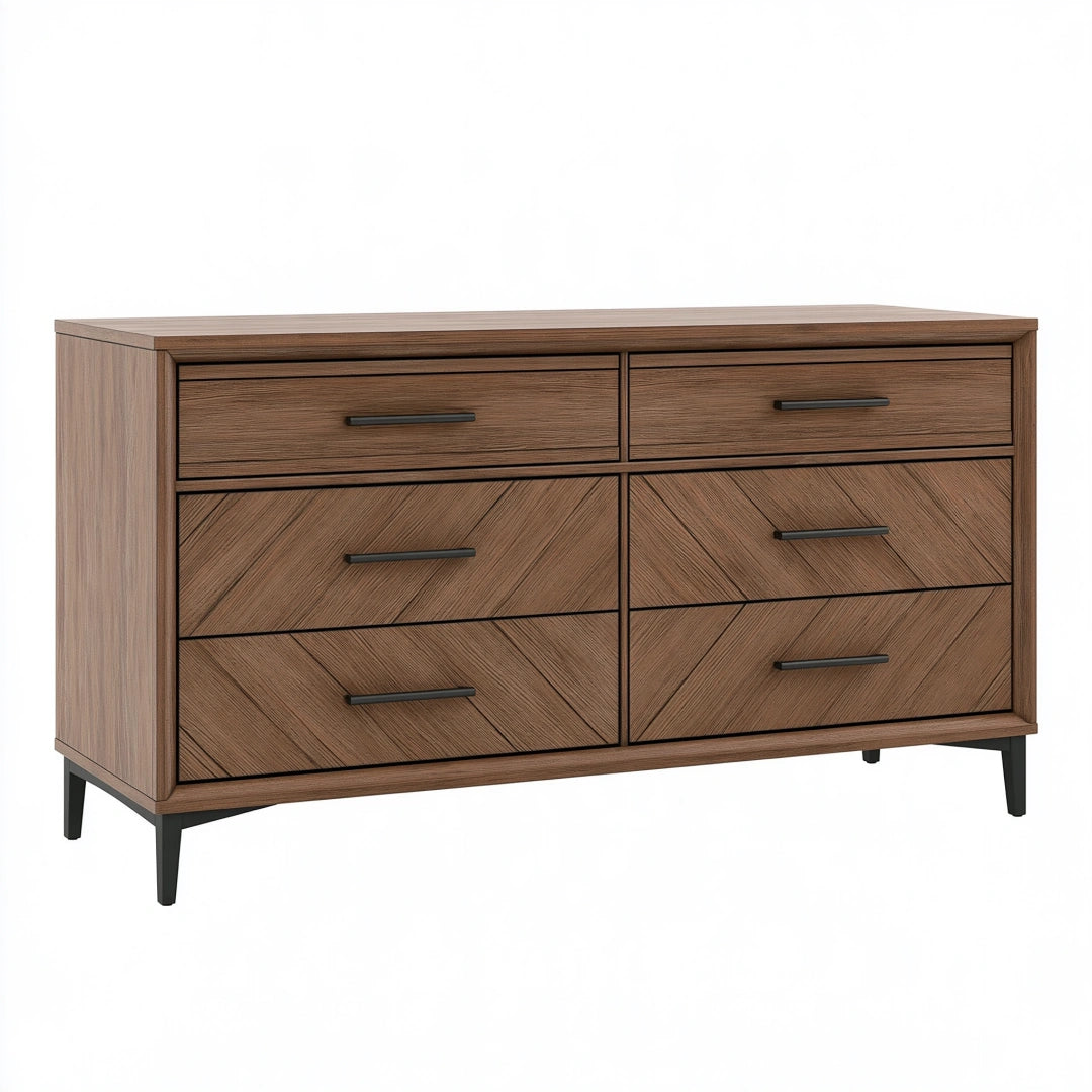 Commode 150 x 45 x 85 cm aspect bois noyer à six tiroirs style contemporain