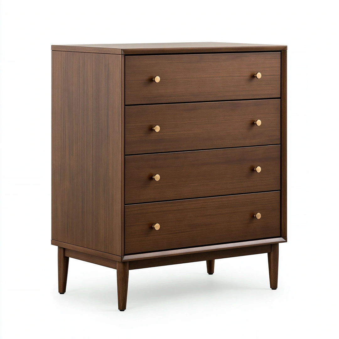 Commode 80 x 40 x 100 cm en bois brun noyer à 4 tiroirs style rétro