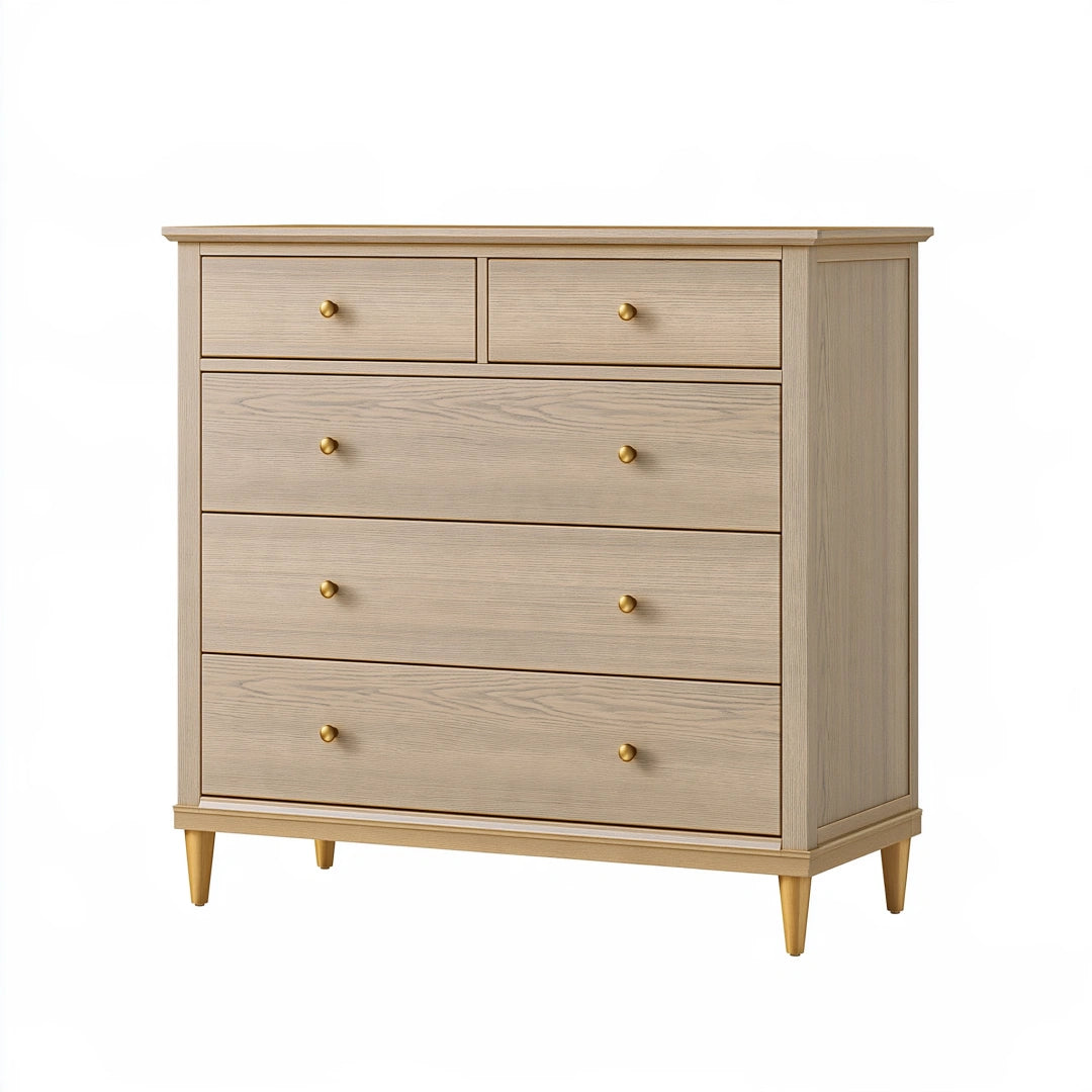 Commode 120 cm en bois beige à 5 tiroirs style contemporain